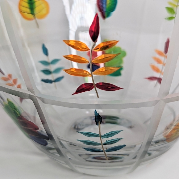 Romanian Crystal Bowl Hand Painted & Etched Leaves Beveled Squares Colorful Deco - Picture 9 of 16